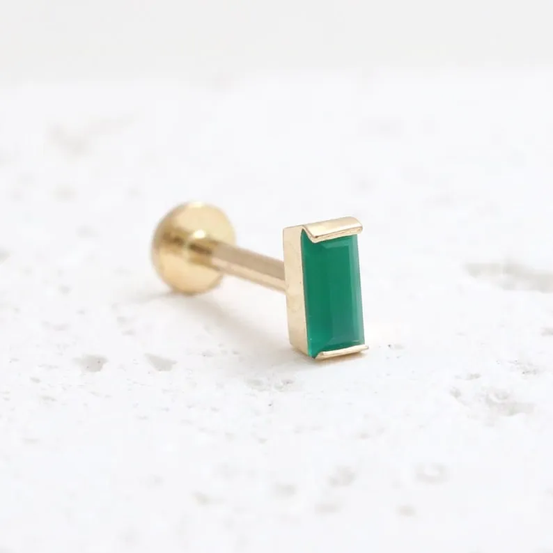 14K Gold Cartilage Helix Tragus Conch Baguette Cut Green Onyx Internally Threaded Flat Back Earring Labret