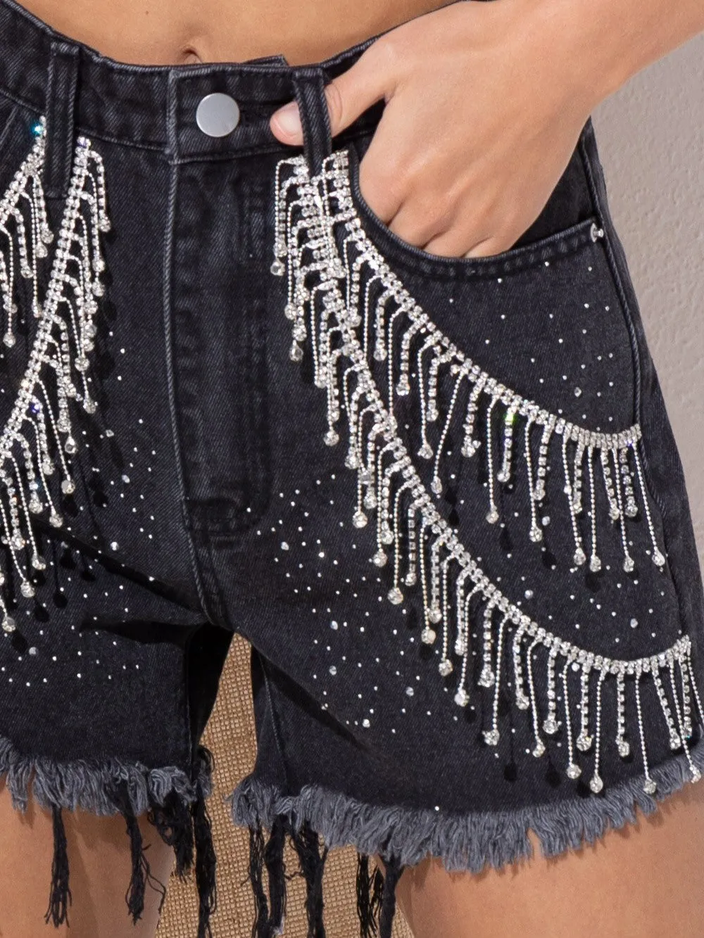 27 Alabama Gem Rhinestone Fringe Denim Shorts