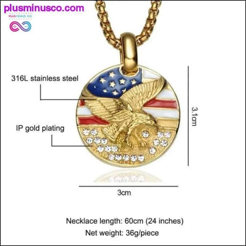 American Flag Eagle Hawk Round Gold Stainless Steel Necklace