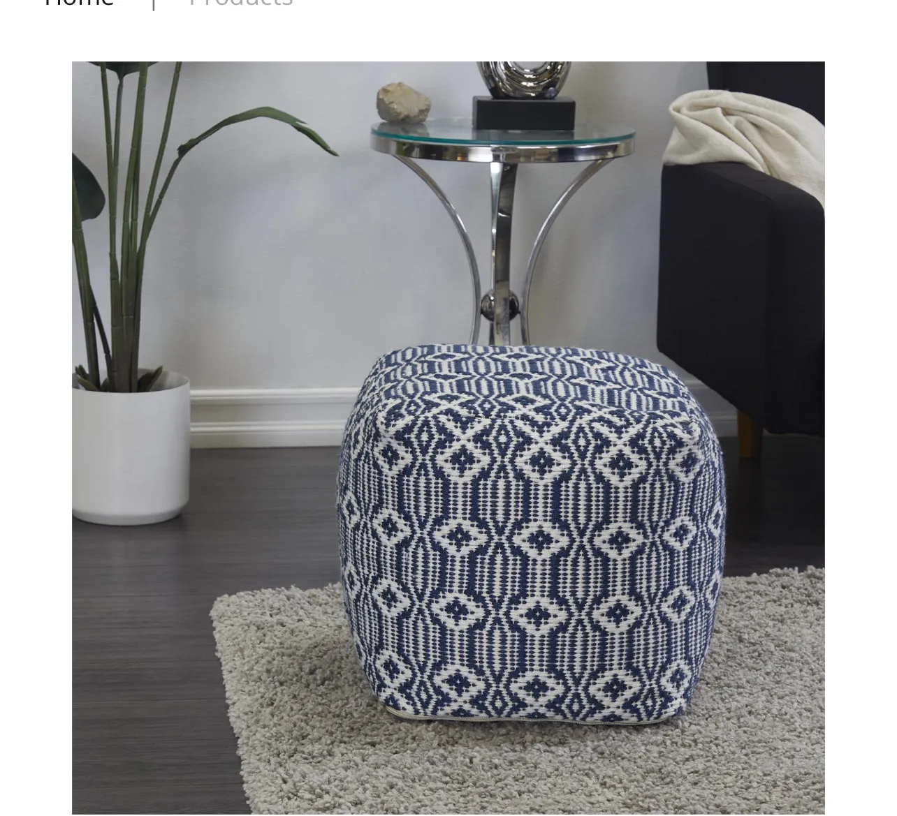 BLUE POLYESTER POUF WITH DIAMOND PATTERN, 21" X 21" X 19"