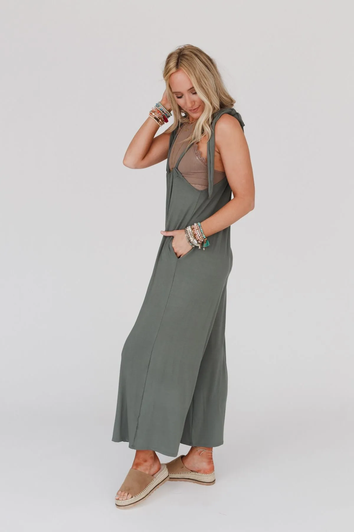 Forever Relaxed Gathered Jumpsuit - Light Olive