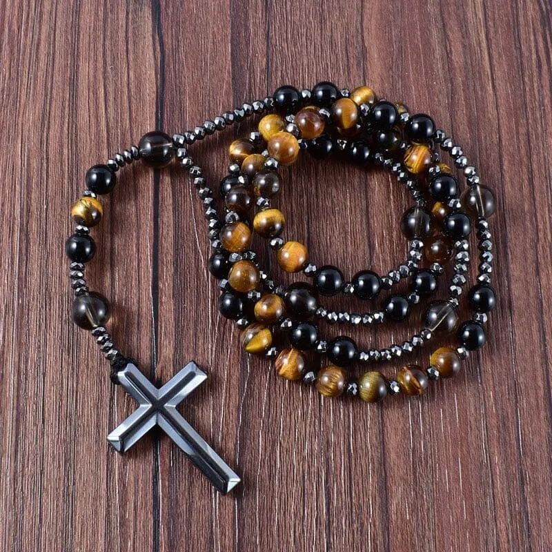 Natural Black Onyx With Tiger Eye Stone Catholic Christ Rosary Necklace