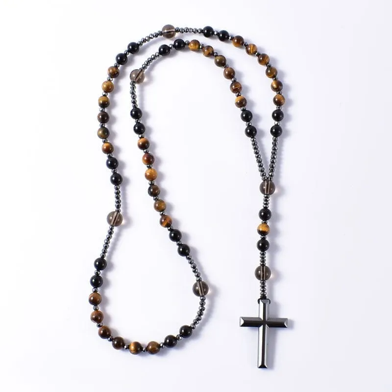 Natural Black Onyx With Tiger Eye Stone Catholic Christ Rosary Necklace