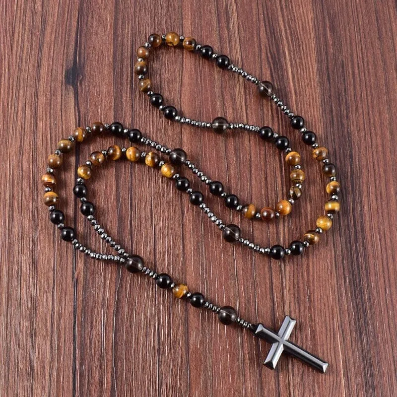 Natural Black Onyx With Tiger Eye Stone Catholic Christ Rosary Necklace