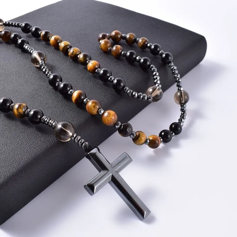 Natural Black Onyx With Tiger Eye Stone Catholic Christ Rosary Necklace