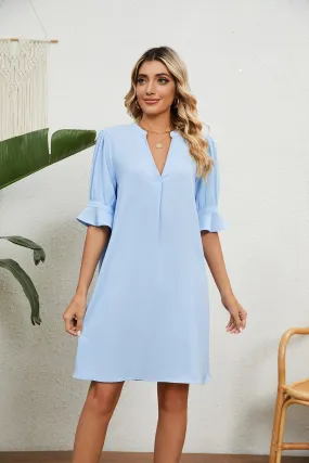 Notched Neck Flounce Sleeve Dress