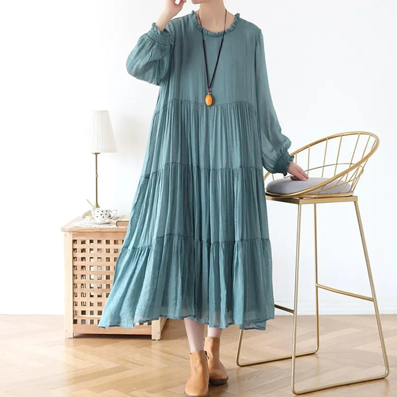 Spring Loose Casual Long Sleeve Chiffon Dress Green