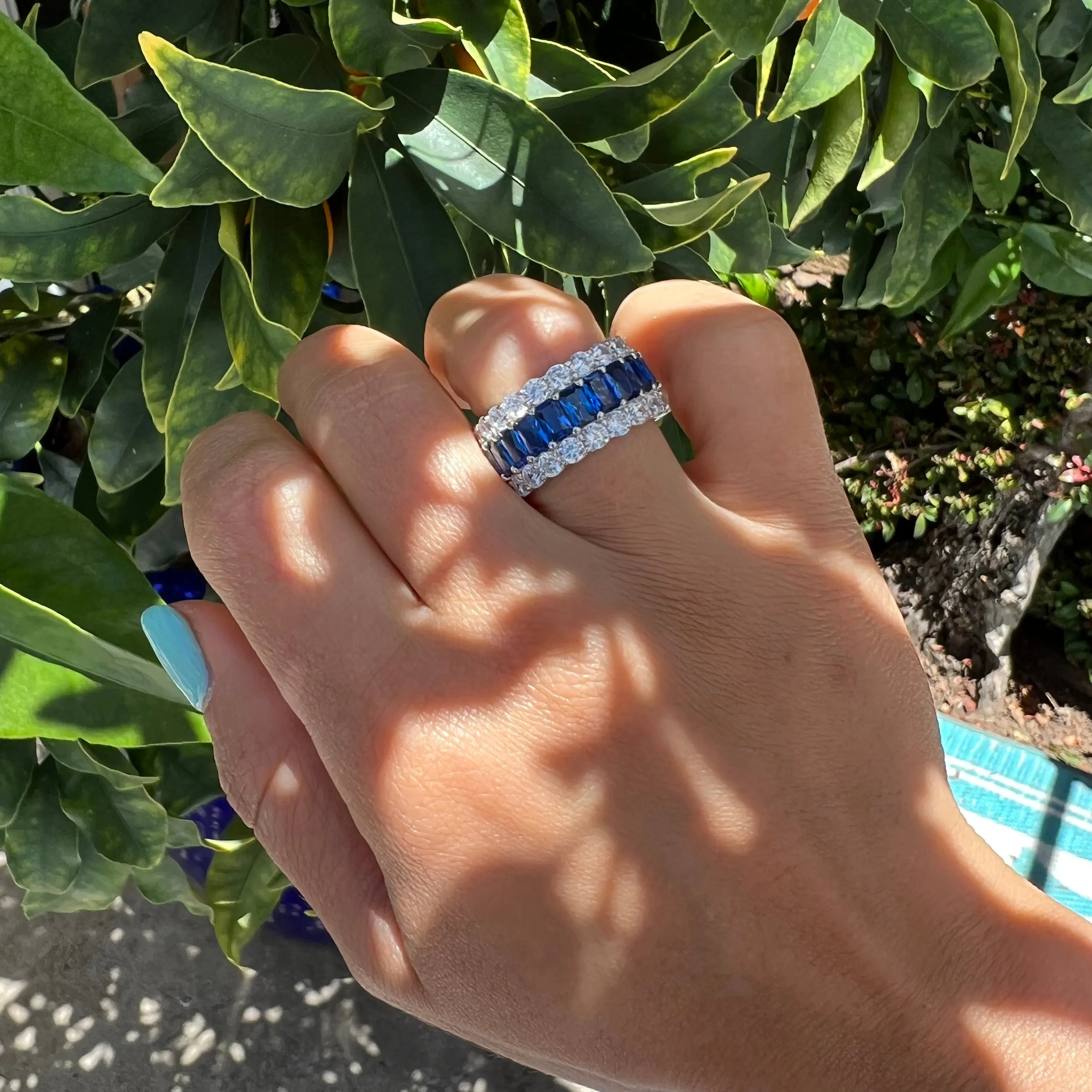 Sterling silver sapphire & clear cz eternity band