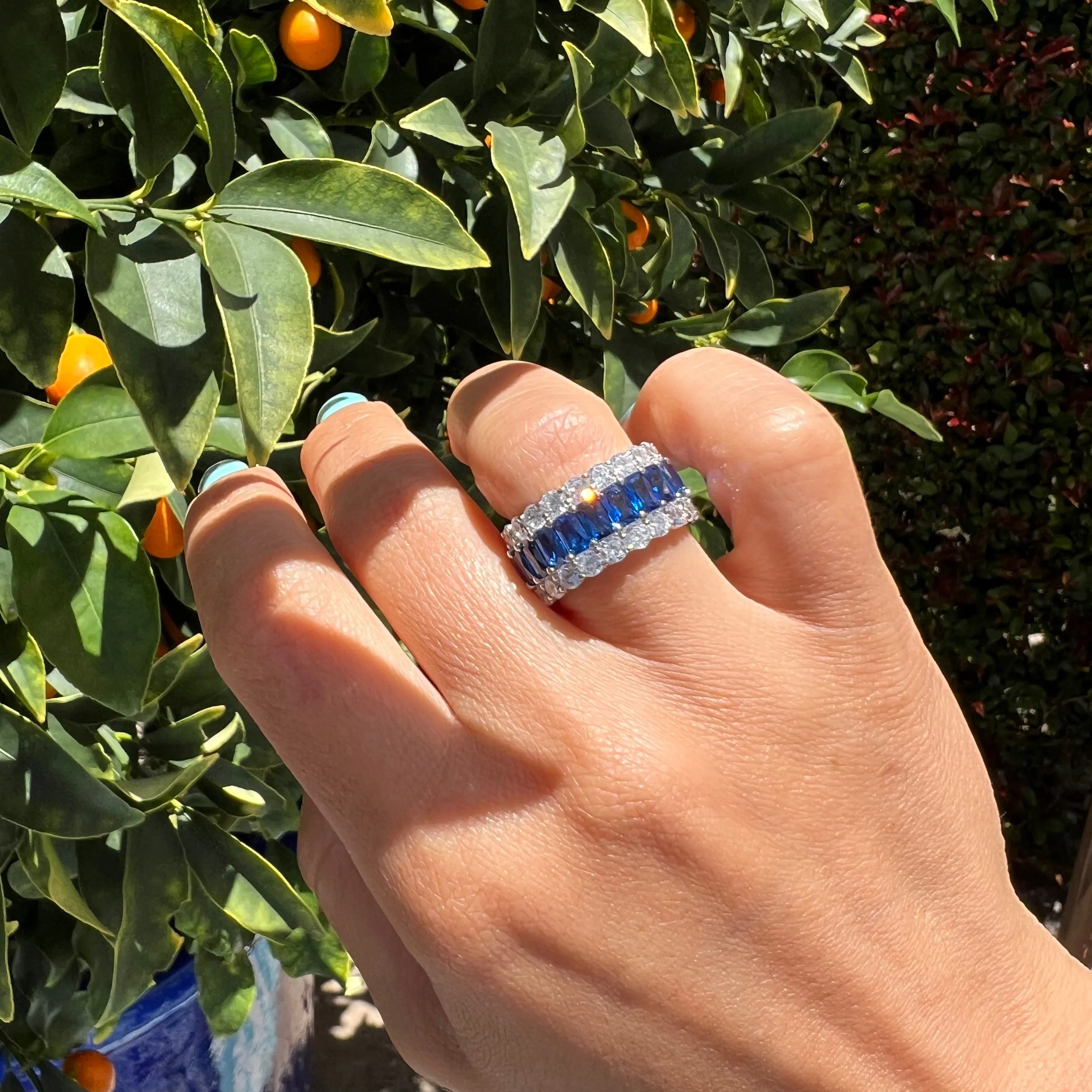 Sterling silver sapphire & clear cz eternity band