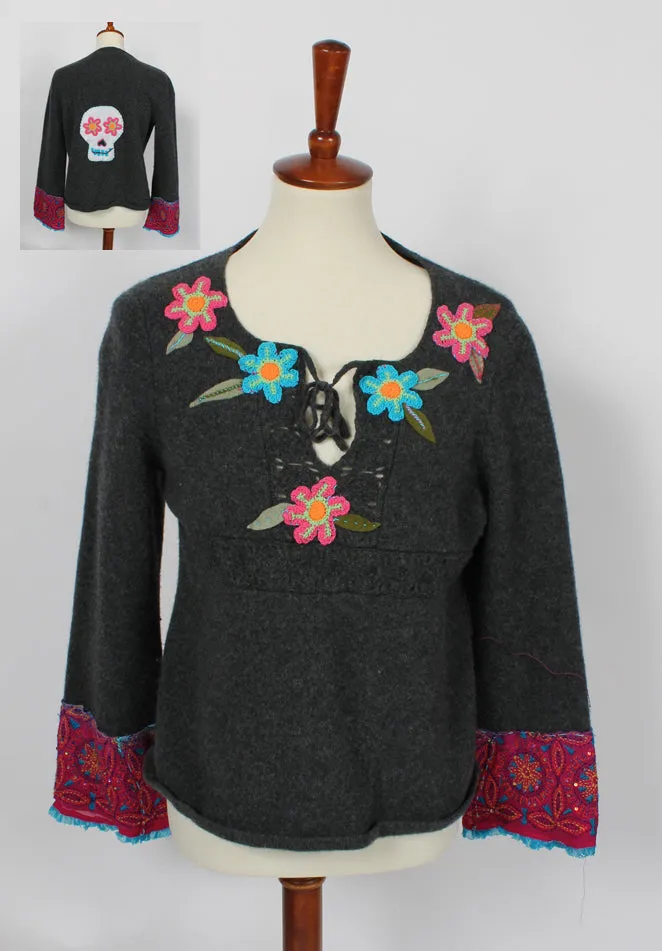 SunHeart American Eagle Outfitters Lambswool Felted Sweater Dia De Los Muertos Embroidered Flowers Sugar Skull Silk Upcycled Sml-Large