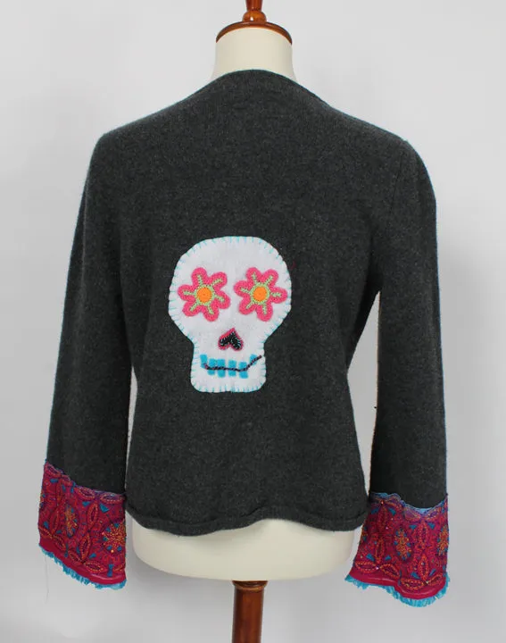 SunHeart American Eagle Outfitters Lambswool Felted Sweater Dia De Los Muertos Embroidered Flowers Sugar Skull Silk Upcycled Sml-Large